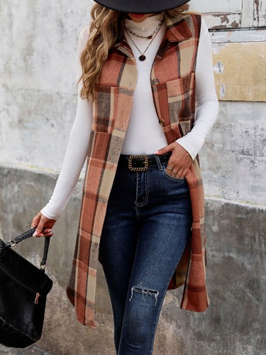 Hot Sleeveless Lapel Cardigan Jacket, Vintage Mid Length Checkered Vest - Picture 12 of 18
