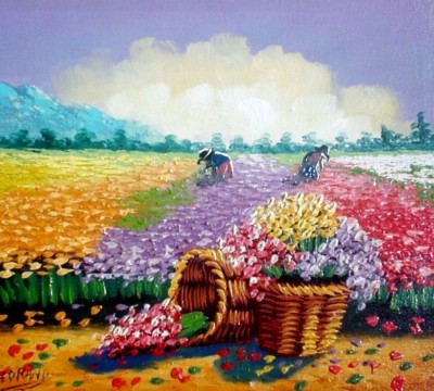 Frédéric MEDRANO (1968) Gemälde: - ZWEI FRAUEN BEI DER BLUMEN-ERNTE / gerahmt
