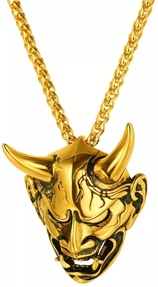 Men Gothic Jewelry Stainless Steel Gold Evil Demon Horn Skull Pendant Necklace