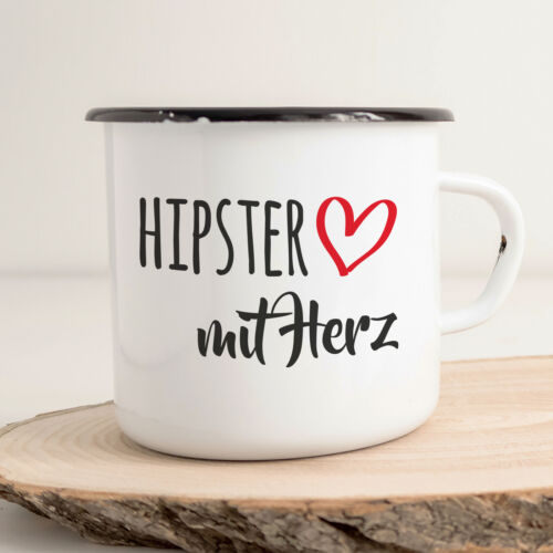 Hipster mit Herz Geschenk Idee Emaille Tasse Milieu Kaffeetasse Souvenir Weihnac - Bild 1 von 6
