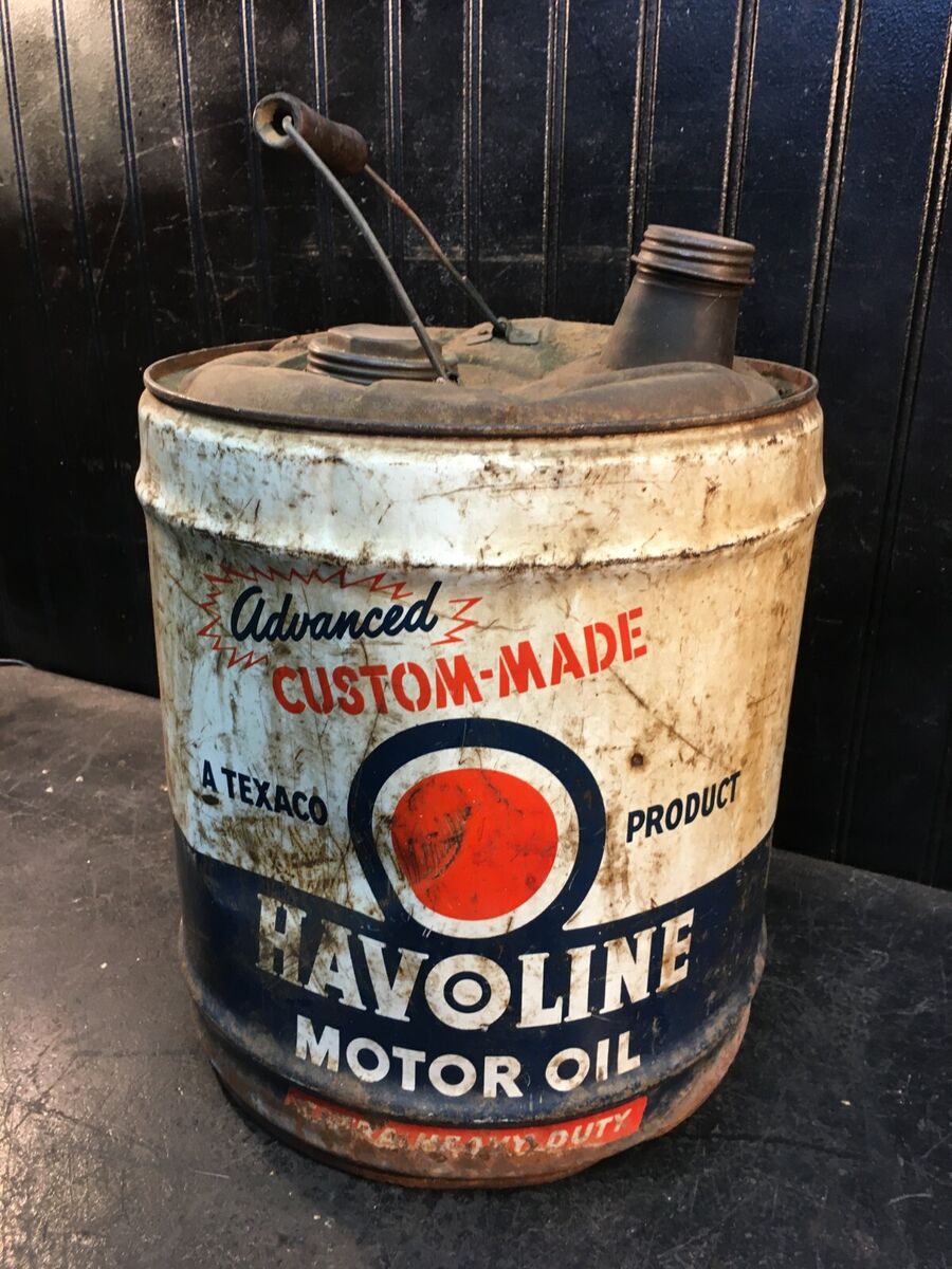 Vintage 1950's Havoline 5 Gallon Metal Motor Oil Can w/ Wood Vintage 1950's Havoline 5 Gallon Metal Motor Oil Can w/ Wood