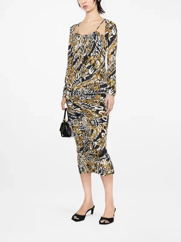 Versace Jeans Couture NERO/YELLOW Women's Logo-Print Midi Dress, US 38