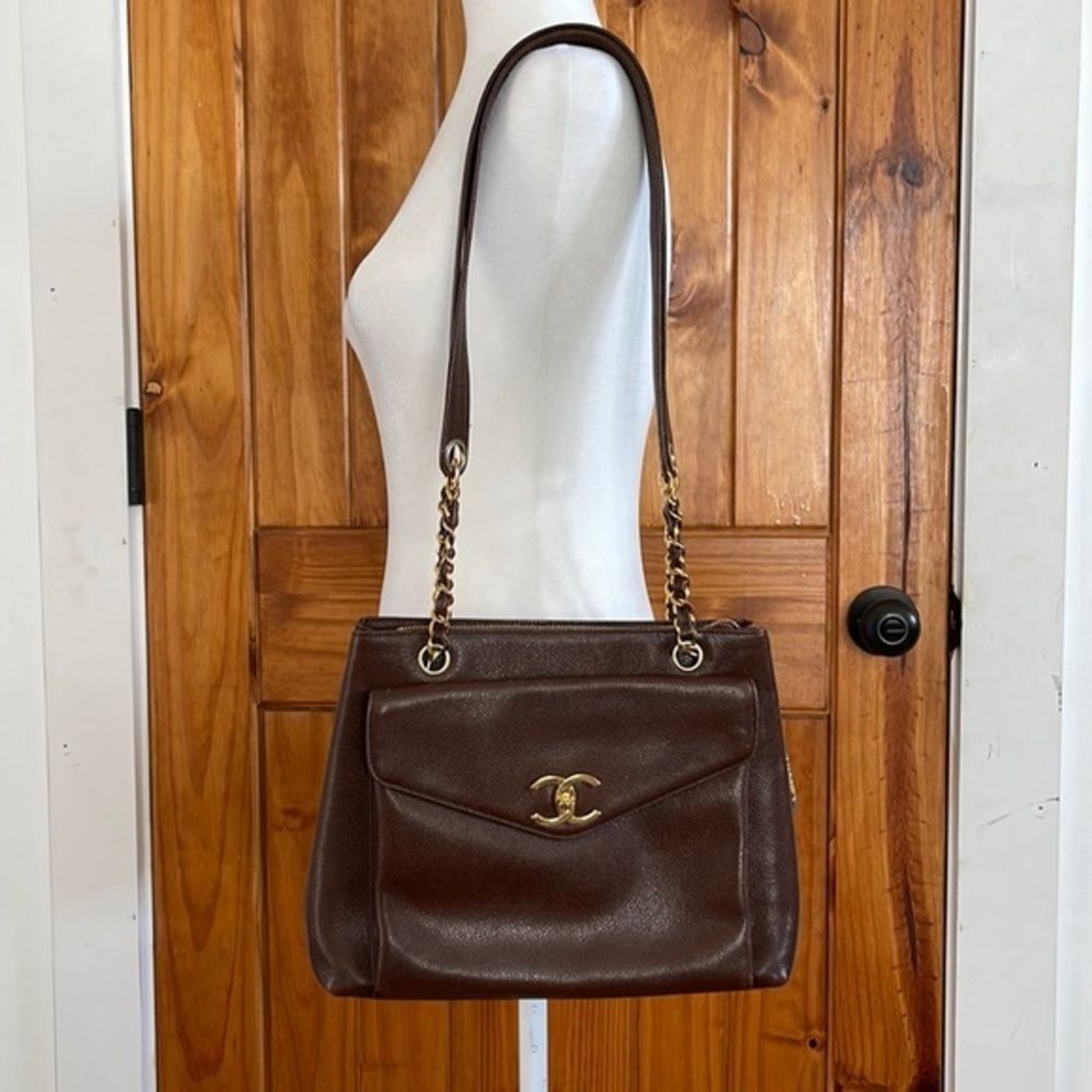 Chanel Vintage Brown Caviar Leather Zip Shoulder Bag with 24k Gold Front Pocket