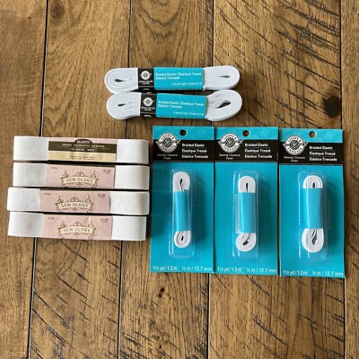 Mixed Lot of 9 Braided Elastic: polyester; 1/2 , 1  NEW Sewing Projects White