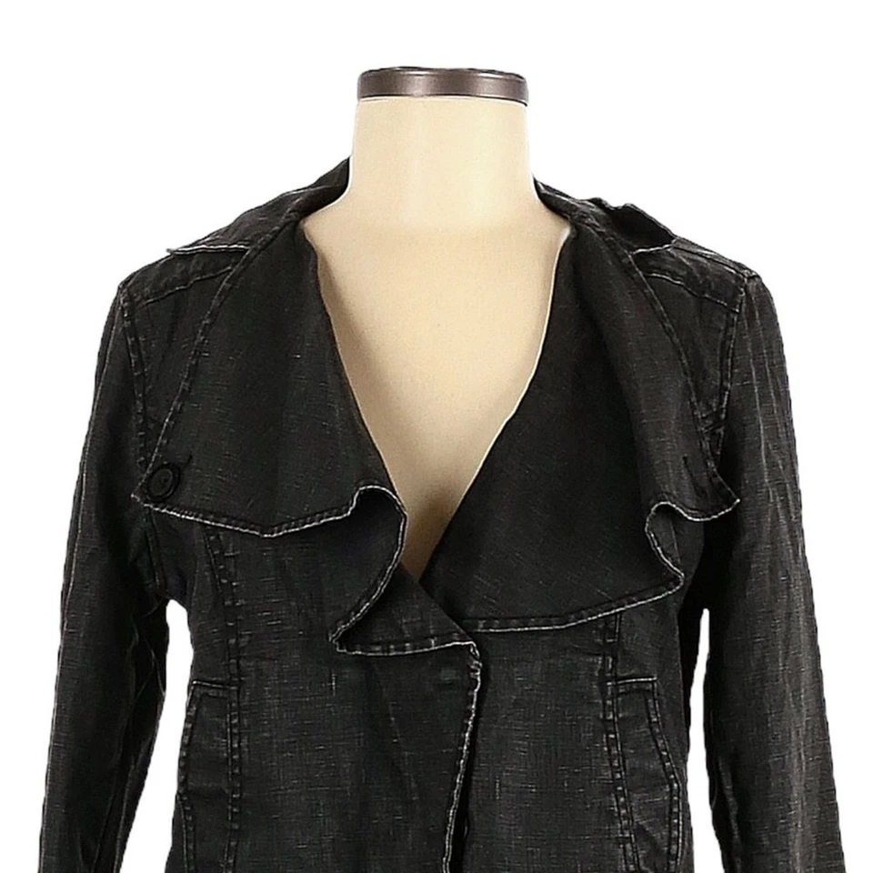 Cabi Moto Jacket M Charcoal Gray Waxed 100% Linen Ruffle Lapel Fitted Blazer - Image 3 of 4