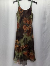 Tropical Floral Print Midi Dress By Sangria 10 Olive & Orange Polyester