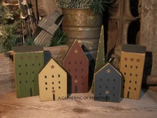 6 Saltbox House Wood Tree Village Primitive Handmade Shelf Sitter Ornie Tucks