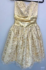 Gunne Sax Jessica Mcclintock Gold Sequin Strapless Mini Formal Dress Gown 7 VTG