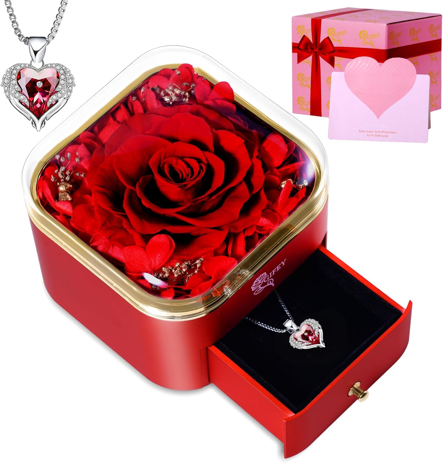 Christmas Flower Gifts for Her,Preserved Red Rose with Necklace,Preserved Flower