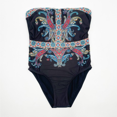 NEW ATHENA Swimsuit Size 6 One Piece Strapless Black Paisley Print Coastal Beach