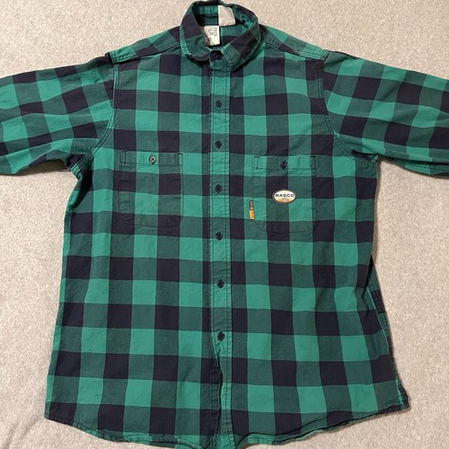 Rasco FR Shirt Men’s Large Navy Green Buffalo Check Plaid Weld Electrician Twill - Picture 2 of 17