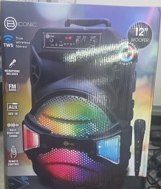 B Iconic Portable Karaoke System TWS FM AUX-In Bass Boost Remote Mic Black