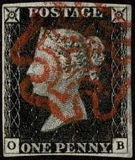 GB STAMP Penny Black 1840 Victoria PL 2 OB 4 good margins GOOD CRISP RED MX Fine