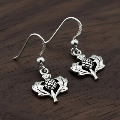 Scottish Thistle Earrings - 925 Sterling Silver Dangle Scotland Heritage Jewelry