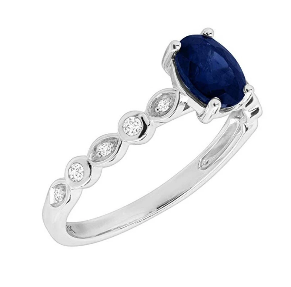 Anillo Aniversario Zafiro Azul Genuino y Diamante 1/10 CTTW Oro Blanco 14K Foto 2 de 4