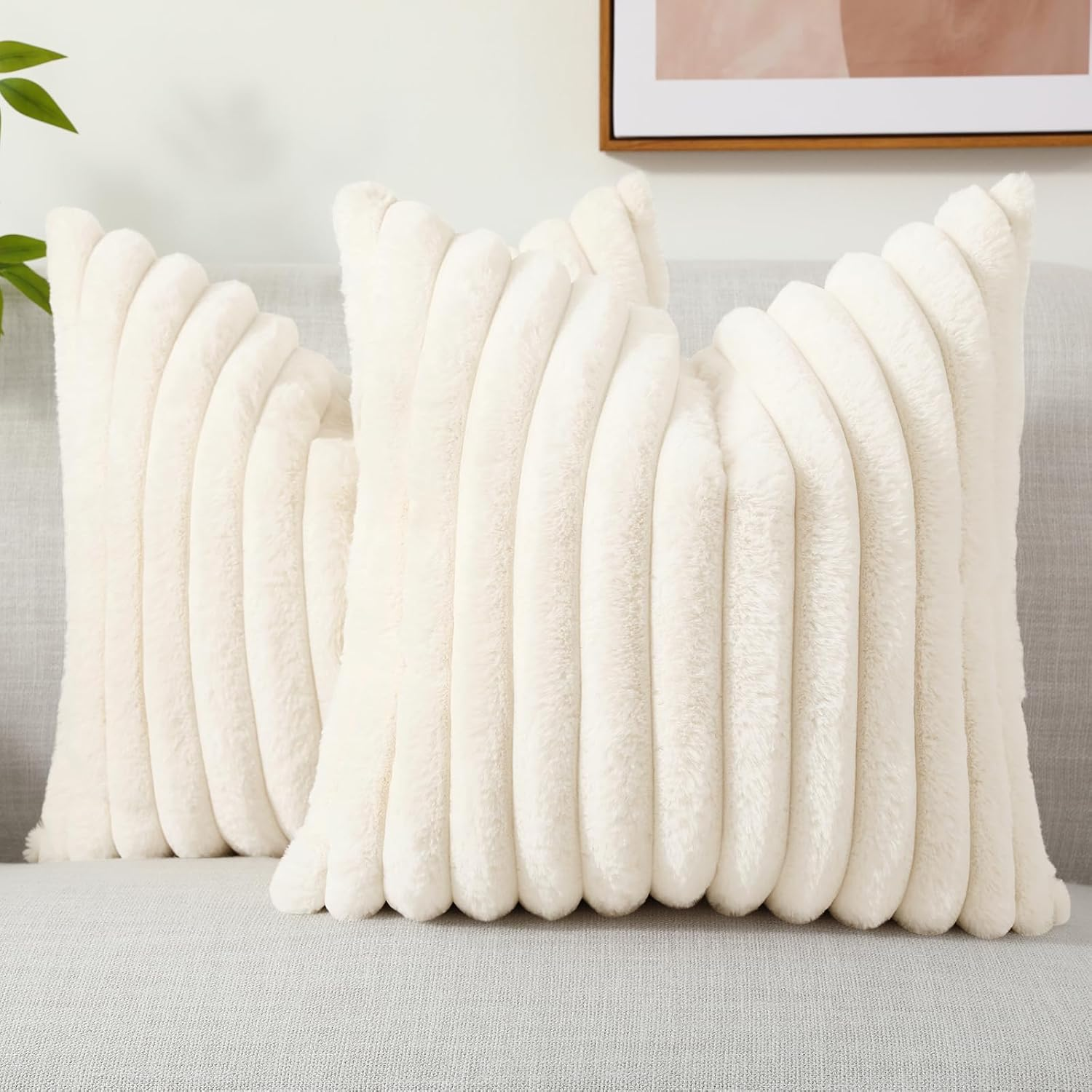 Soft Plush Faux Fur Spring Throw Pillow Covers 18x18 Set of 2 with Stylish Stripes