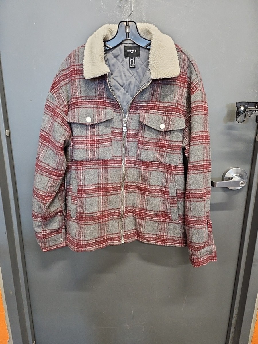 Forever 21 Mens Grey And Red Padded Plaid Jacket with Faux Fur