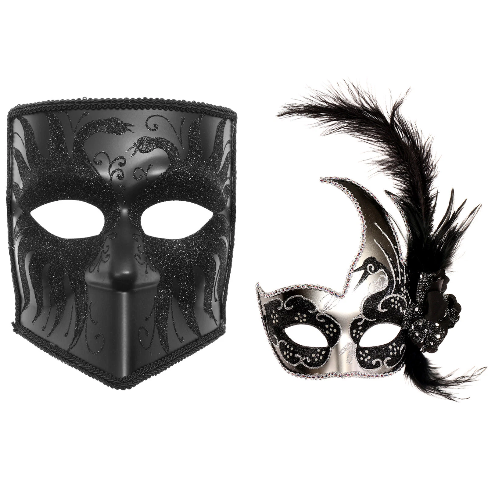 Glitter Full Face Bauta Mask with Silver Side Feather for Couples