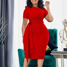 Womens Sexy Tied Front Oblique Neckline 3/4 Sleeve Bodycon Party Midi Dress