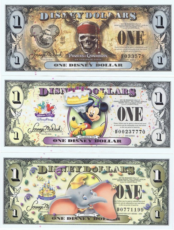 Set of 3 Disney Dollars 2011 F 2005 D 2009 D $1 UNC Mickey Dumbo Pirates Dollar