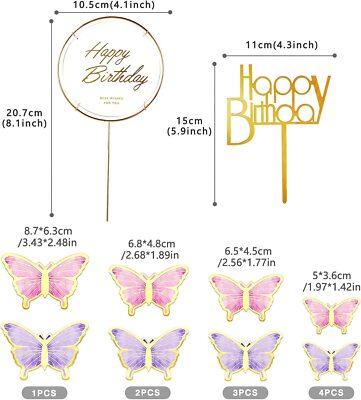 21-teiliges Schmetterling-Kuchendekoration Set – Lila & Rosa Schmetterlinge + Runde Acrylplatte 'Happy Birthday'