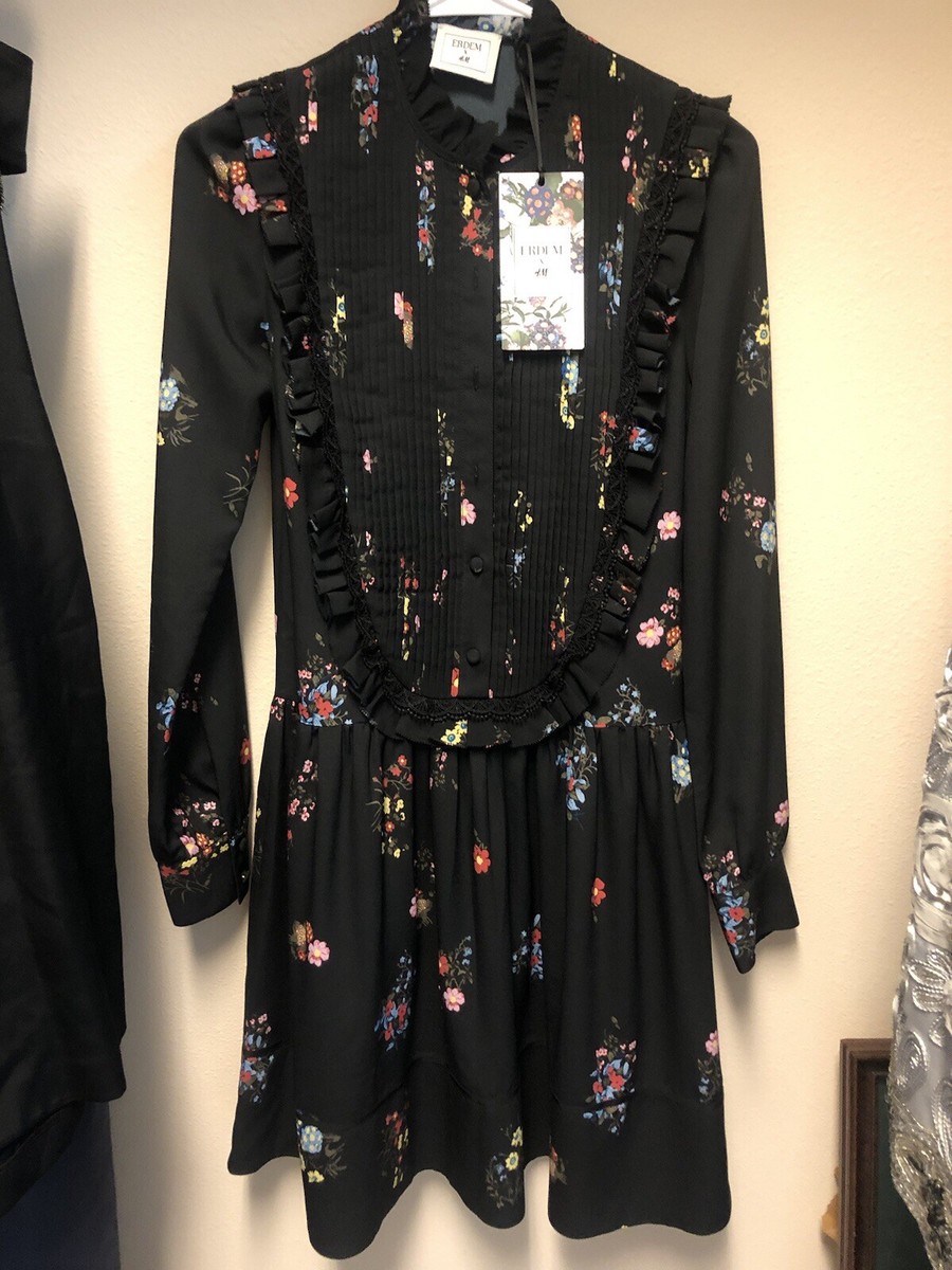 New ERDEM x H&M Black Floral Multicolor Bib Front Dress With