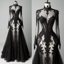 Gothic Black Wedding Dresses Long Sleeve Lace Applique High Neck Bridal Gowns