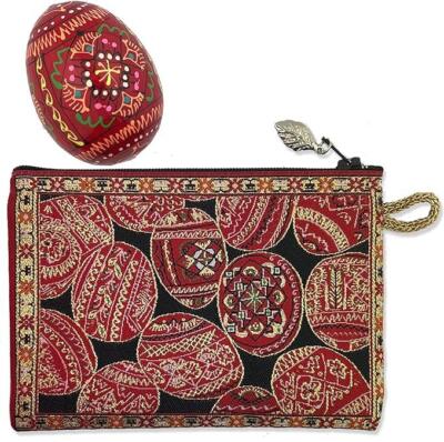 Red Painted Wood Easter Pysanky Egg in Charm Zipper Tapestry Pouch 5 3/8 In