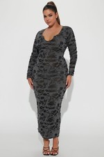 Fashion Nova Danielle Distressed Slinky Maxi Dress Medium Charcoal Gray Bodycon