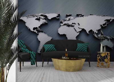 3D Grey World Map Self-adhesive Removable Wallpaper Murals Wall 63