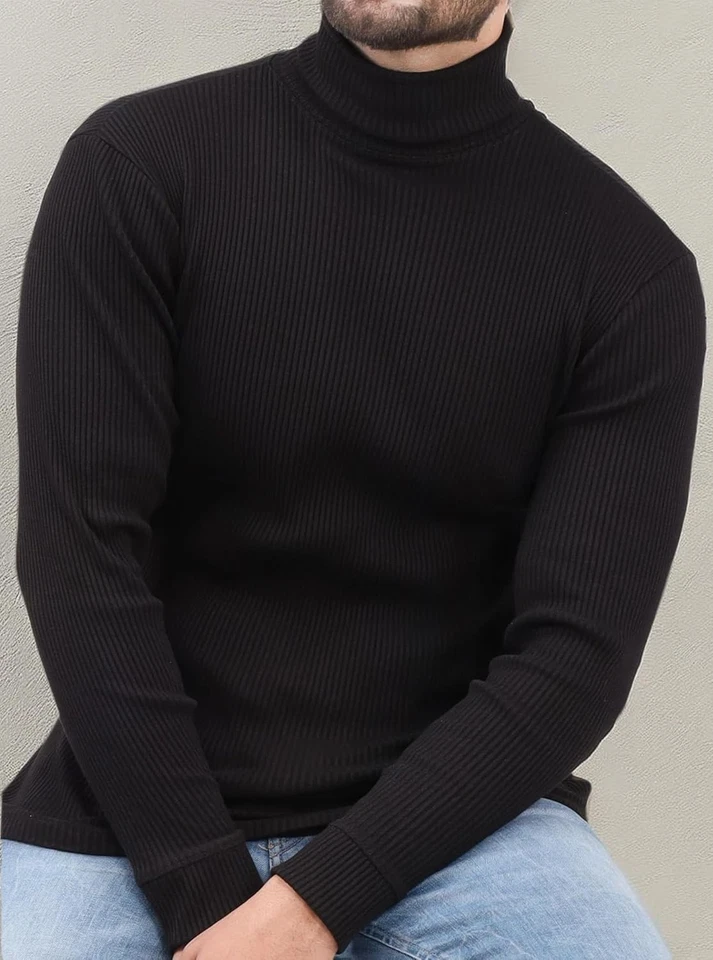 Suéter Pullover Para Hombre Calce Ajustado Acanalado Cuello Alto Manga Larga Informal Tejido Top Foto 4 de 4