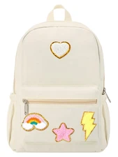 Preppy Backpack For Girls Rainbow Chenille Patches School Bag Creamy White