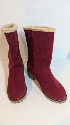Red Faux Suede Mid-Calf Boots Women Sz 8 Faux Fur Lined