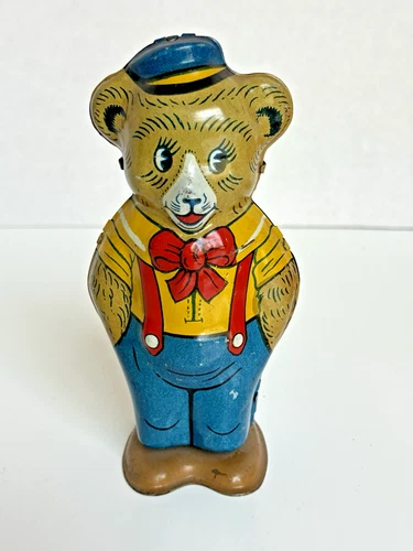 Vintage 5" J. Chein Co. Tin Wind-up Toy Bear Wearing Clothes