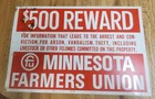 VINTAGE MINNESOTA FARMERS UNION $500 REWARD TIN SIGN / 12" x 18"
