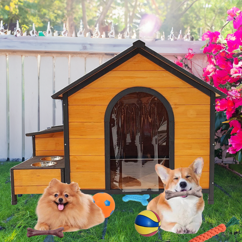 Outdoor Wooden Dog House Weatherproof Dog Kennel with Food Bowls & Storage Box - Picture 2 of 14