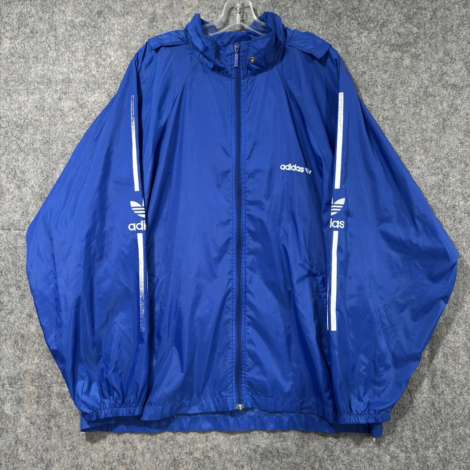 Vintage Adidas Blue Hooded Windbreaker Nylon Packable Jacket Size XL Oversized