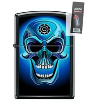 Zippo 82286 skull metal eyes metallic blue electric glow Lighter + FLINT PACK