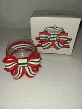 GLASS VOTIVE HOLDER DECORATIVE PEPPERMINT BOW DEPARTMENT 56 CANDLE NOT INCLUDED