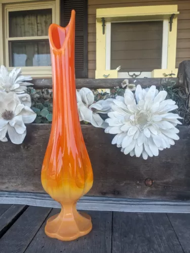 Vintage L.E. Smith 17 3/8" Bittersweet Orange Swung Glass Vase w/ 6 Pedal Base