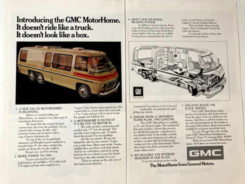 1973 GMC Motorhome Two Page Print Ad Camper RV Cutaway