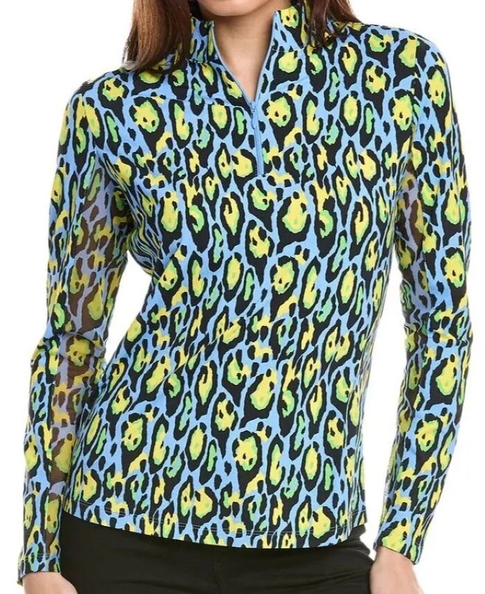 NWT IBKUL GEMMA Periwinkle Multi Leopard Long Sleeve Mock Golf Shirt S M L & XXL