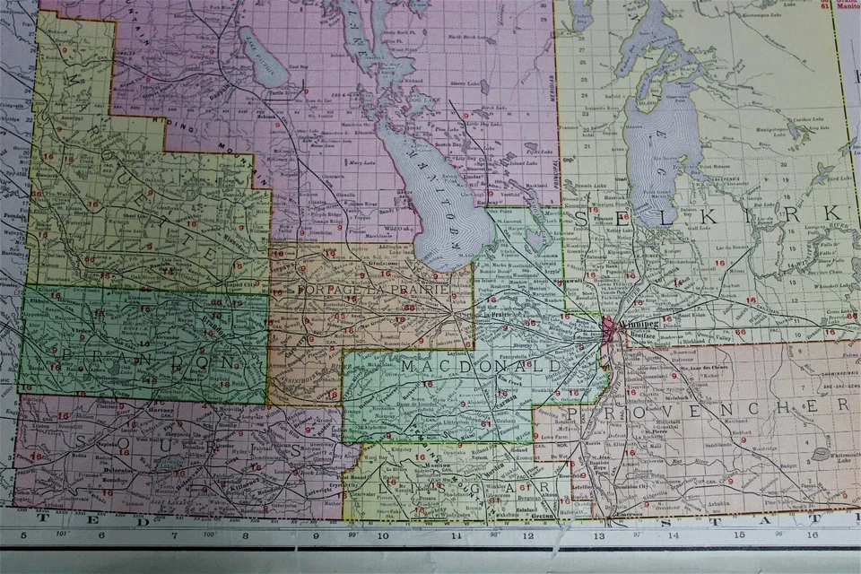 RAND MCNALLY COMMERCIAL ATLAS MAP PAGE  MANITOBA CANADA WITH RAILROADS 1911 - Image 2 of 3