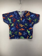 Scrub Factory Womens Scrub Top Blue Medium M Cotton V-neck Pocket Frogs