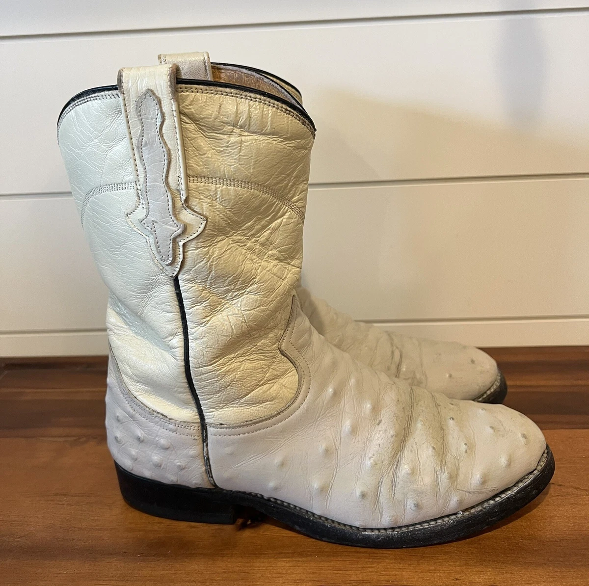 Rudel Ostrich Quill Cream Leather Roper Cowboy Boots Mens Size 7.5 E