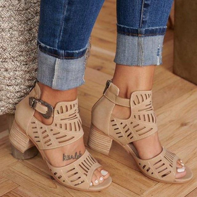 Womens Peep Toe Buckle Hollow-Out Sandals Breath Mid Block Heels Shoes Plus Size RU10452 Womens Peep Toe Buckle Hollow-Out Sandals Breath Mid Block Heels Shoes Plus Size RU10452