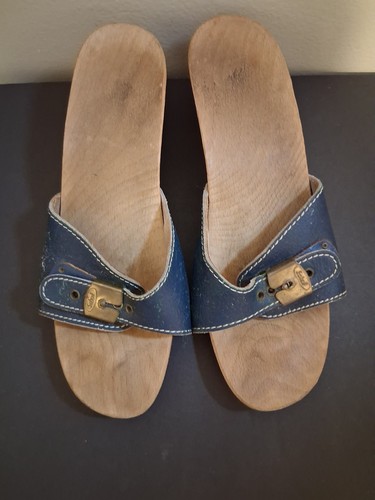 Dr. Scholls Original Collection Vintage Wooden Sandals Slide Heels Size 8M Navy - Picture 4 of 11