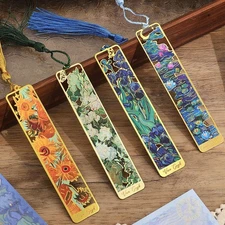 4 Pcs Metal Bookmarks with Tassel, Golden Bookmark Oil Painting Theme Bookmarks