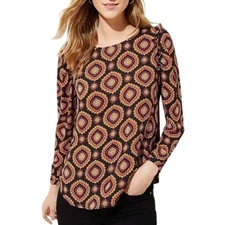 Loft Medallion Black Red Orange Ruffle Shoulder Bar Back Blouse Size Small