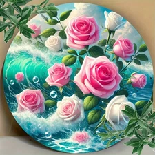 Vintage Coastal Rose Ocean Waves Round Aluminum Sign